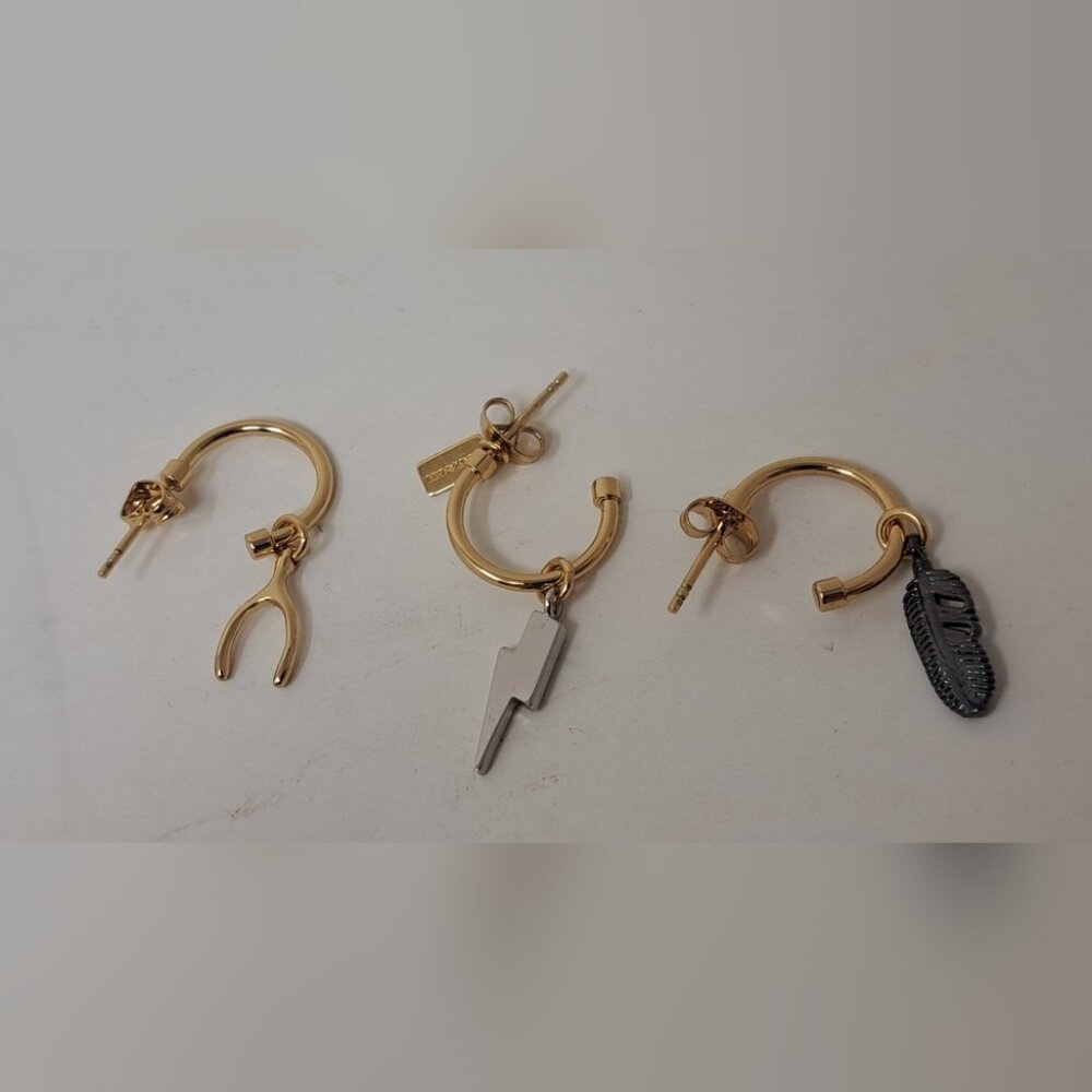 NEW Coach Pave Wishbone Feather Bolt Mix Earring Set of 3 - Picture 3 of 5